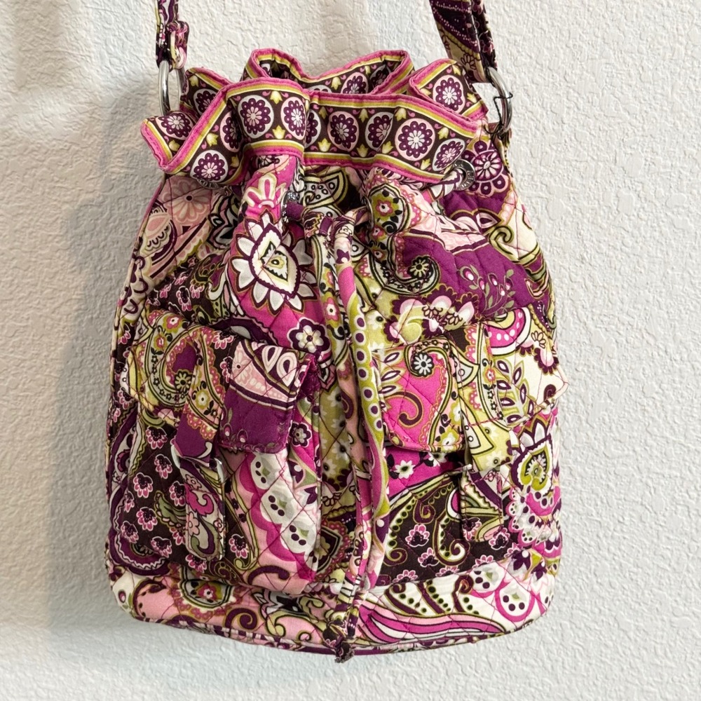 Vera Bradley Plum Crazy Paisley Quilted Cotton Drawstring Crossbody Bucket Bag